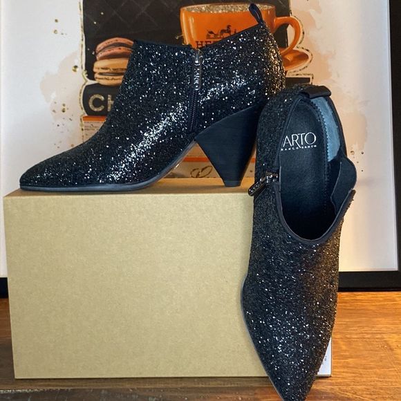 Shoes - FRANCO SARTO “Newbury” Crushed Glitter Cone Heel Shooties Ankle Boots